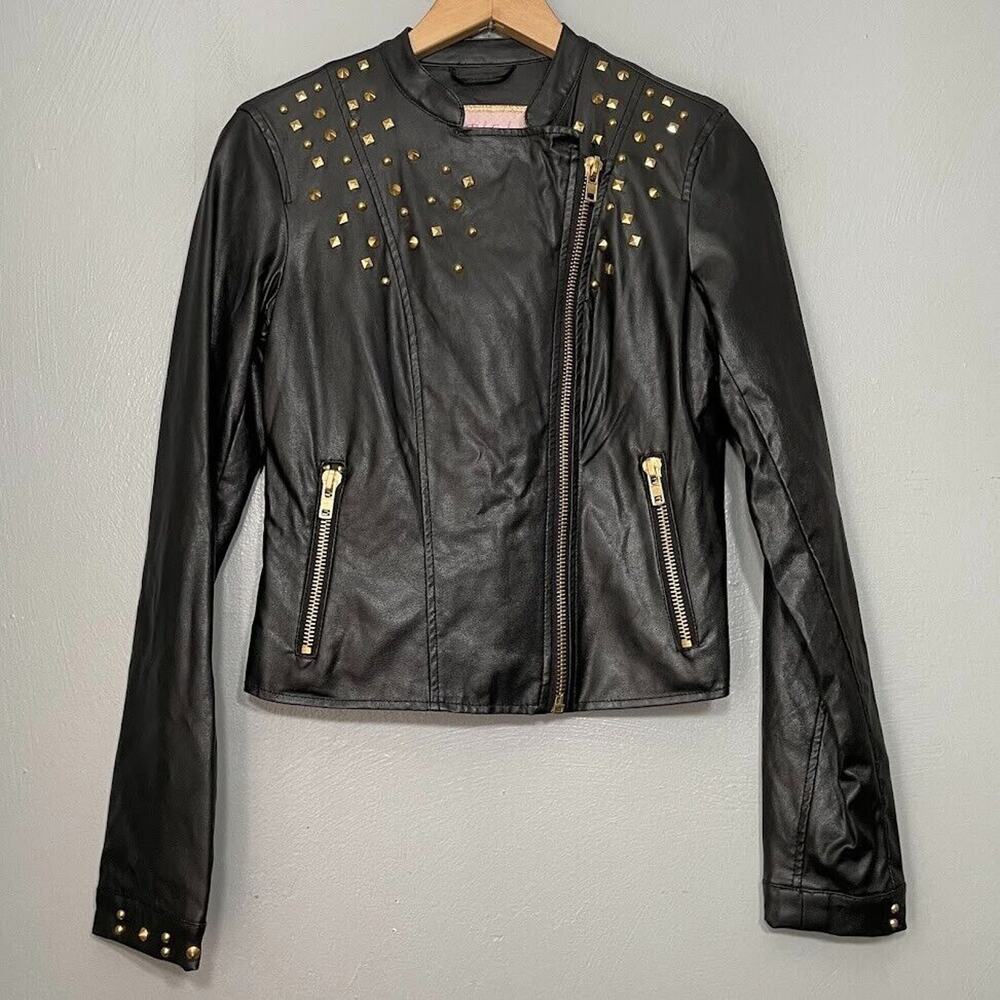 Pink Envelope Juniors Size S Black Faux Leather Jacket Gold Studs Biker Moto Y2K